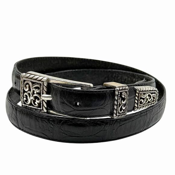 VTG BRIGHTON LEATHER SKINNY BELT WESTERN BOHO CLASSIC PREPPY BLACK SILVER SZ 32 - Picture 1 of 7